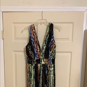 Multicolored sequin maxi dress with high slit.